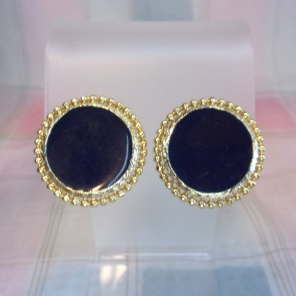 Navy Blue Enamel Gold Tone Disc Clip Earrings - Picture 2 of 6